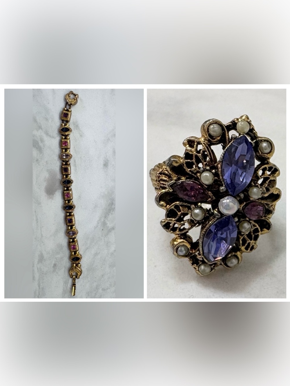 Upcycled Victorian Revival Bracelet & Cocktail Ring. Real Amethysts, Rhinestones